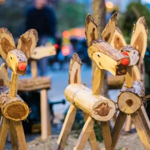 Picture of cedar reindeer sculptures with red noses